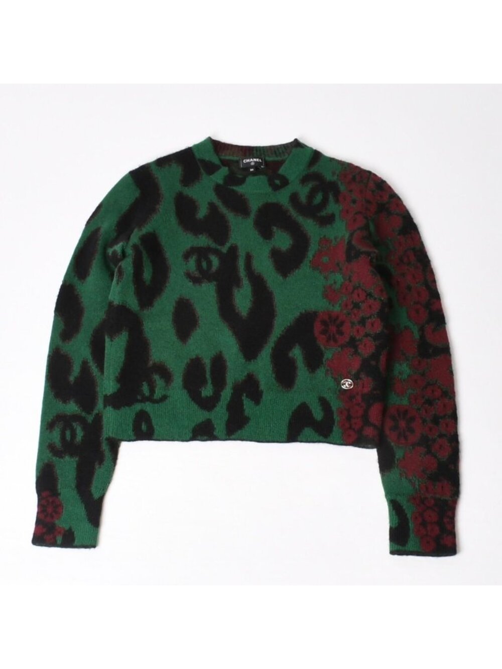 Chanel Knit Sweater CC Logo Leopard Green Cashmere Mohair Wool 4 34